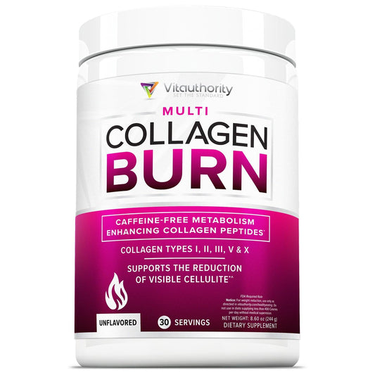 Vitauthority Collagen Burn, bote de polvo para piel radiante y cabello saludable.