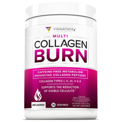 Vitauthority Collagen Burn, bote de polvo para piel radiante y cabello saludable.