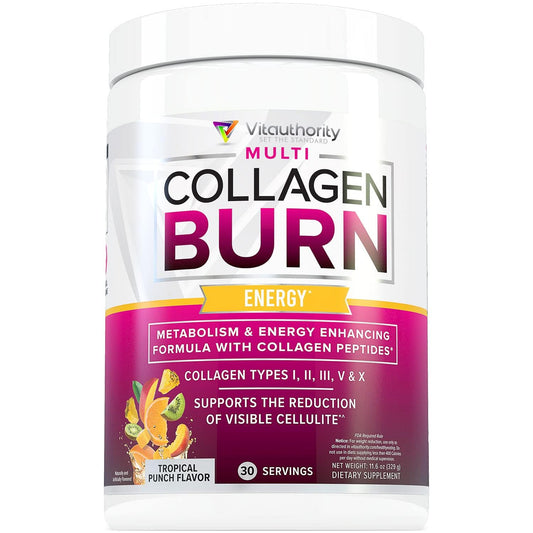 Vitauthority Multi Collagen Burn, botella vertido para sabor tropical punch y energía diaria