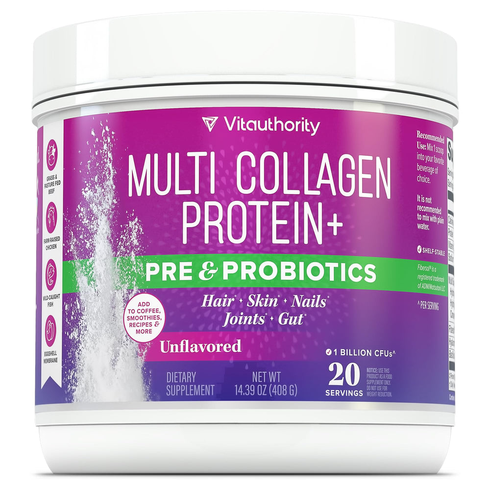 Vitauthority Multi Collagen Probiotics en envase para piel y digestión