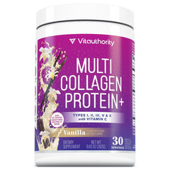Vitauthority Multi Collagen en envase, polvo de vainilla listo para mezclar