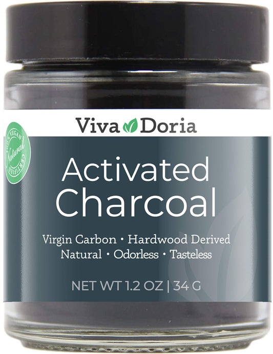 Viva Doria frasco frontal de carbón activado mostrando etiqueta y vidrio protector