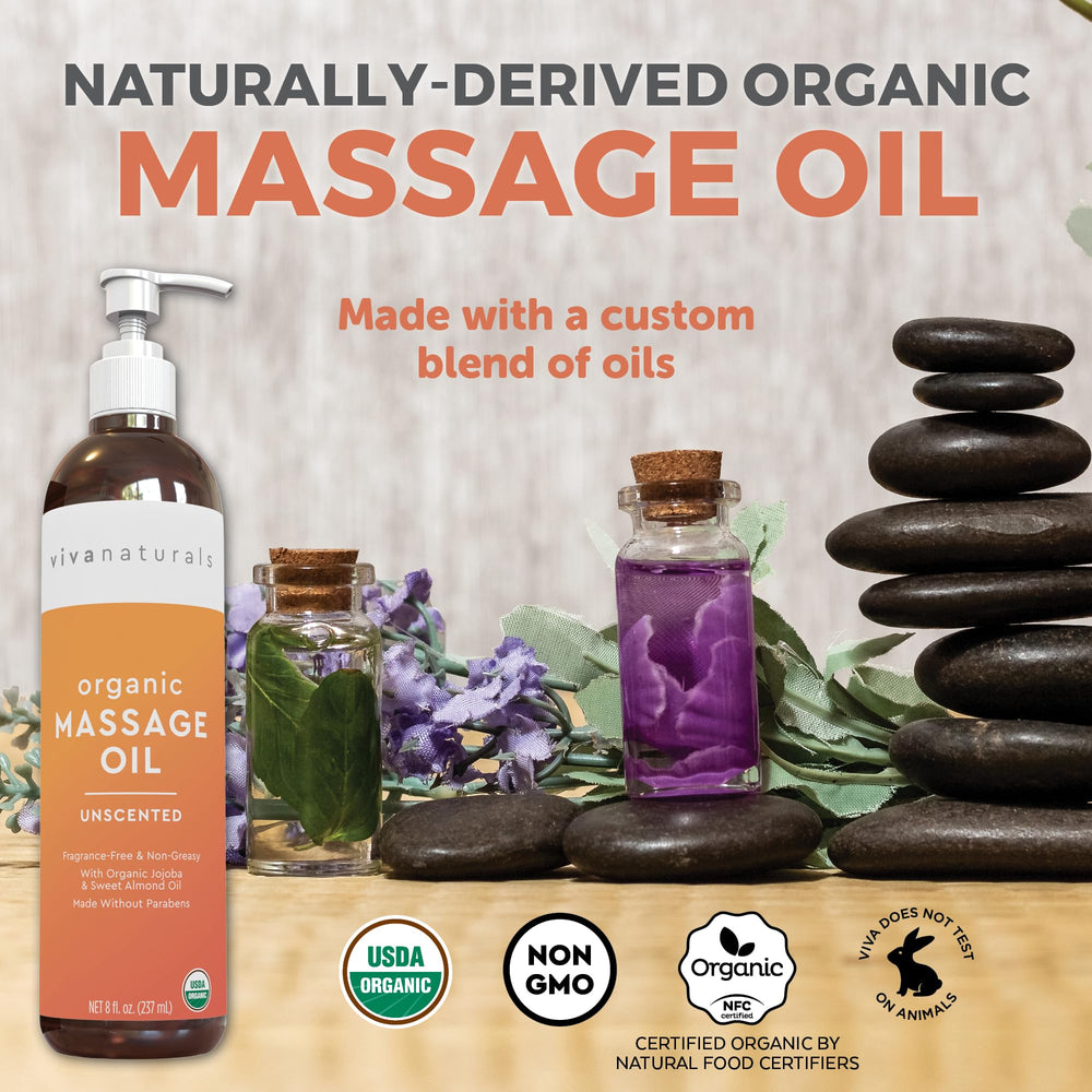 Viva Naturals aceite en uso durante masaje profesional para mejor deslizamiento