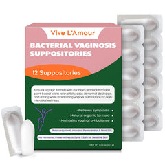 Vive L'Amour empaque frontal elegante muestra 12 supositorios y beneficios claros
