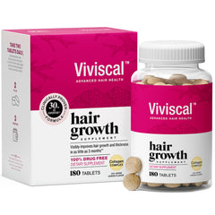Viviscal frasco frente mostrando envase de 180 tabletas y soporte para 90 días