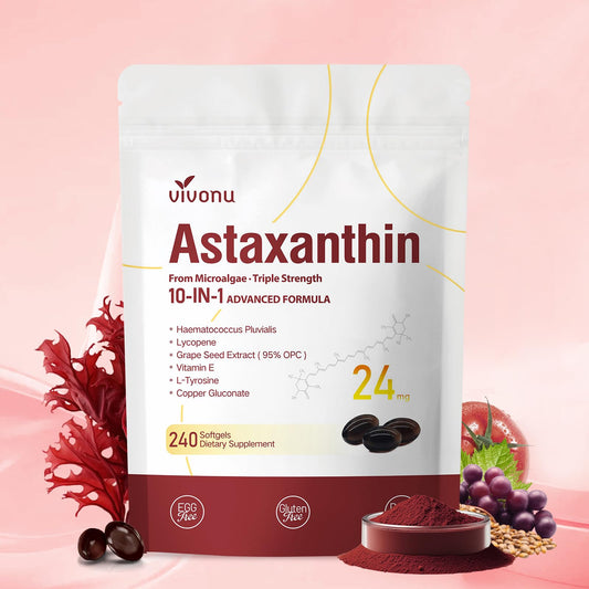 VivoNu Astaxantina 24 mg - botella de cápsulas para apoyo ocular y piel.