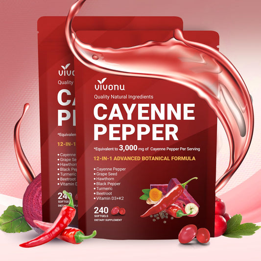 VivoNu Cayenne Pepper Softgels: bote con cápsulas suaves para cuidado diario de la circulación.
