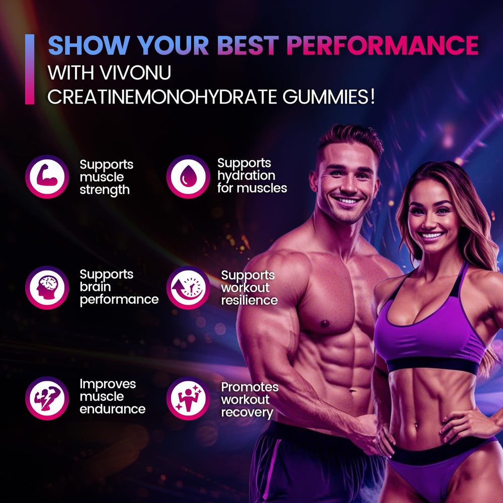 VivoNu Creatine Gummies, envase con 60 gomitas para 15 días de uso.