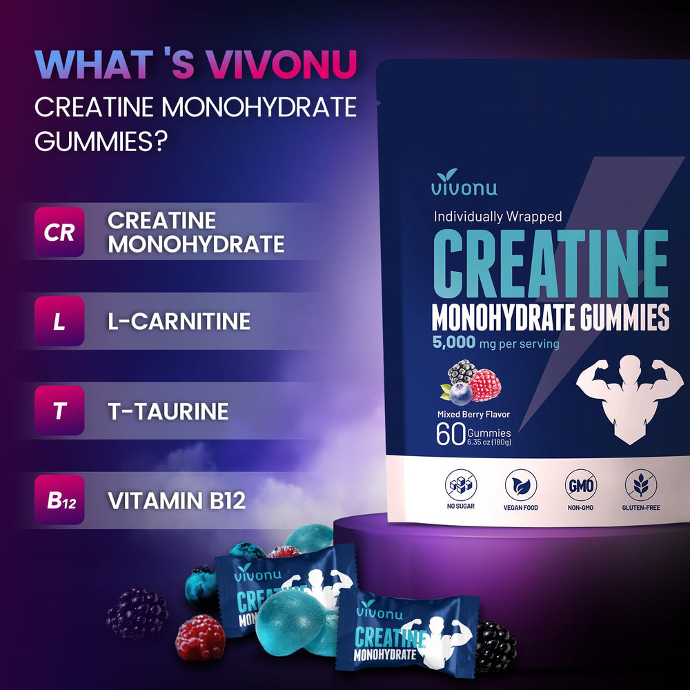 VivoNu Creatine Gummies, envase reutilizable para la vida activa.
