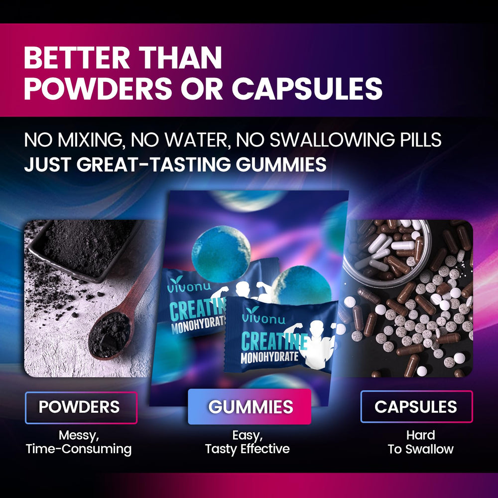 VivoNu Creatine Gummies, textura suave para consumo rápido.
