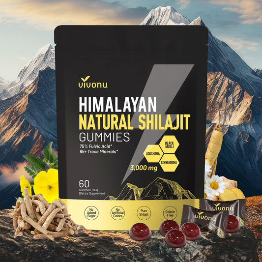 VivoNu gomitas Shilajit Himalaya en botella para energía diaria.