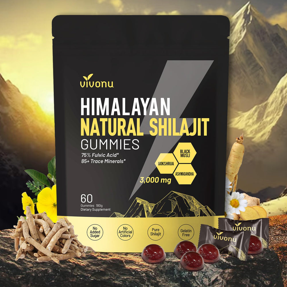 VivoNu gomitas de shilajit en envase, energía diaria práctica.