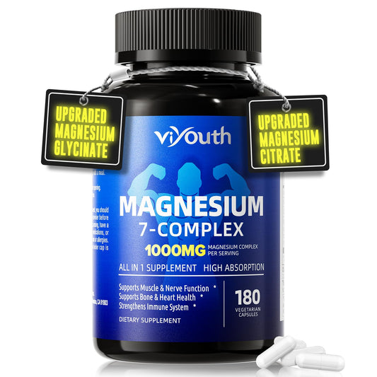 VIYOUTH frasco frontal de Magnesium 7 Complex mostrando presentación y duración