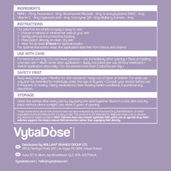 Cerca de etiqueta Vytadose con ingredientes y adhesivo 3M para confianza
