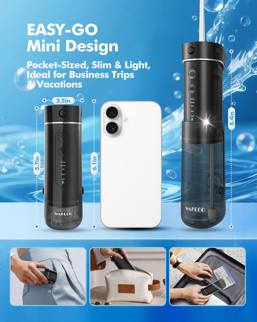 WAFLOO detalle de boquilla rotatoria 360° para limpieza profunda