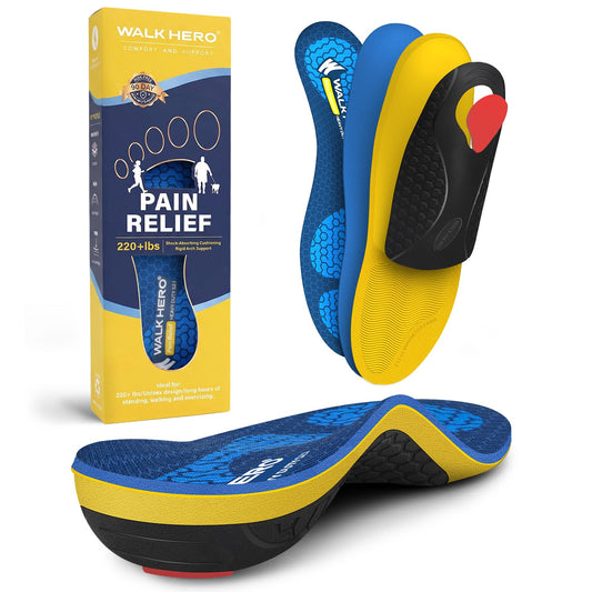 WalkHero frontal del empaque mostrando plantilla y talla, ofrece soporte duradero