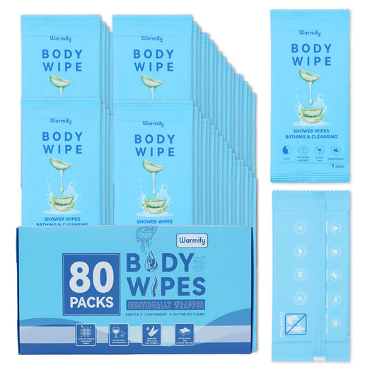 Warmify paquete frontal mostrando 80 toallitas, almacenamiento compacto y práctico