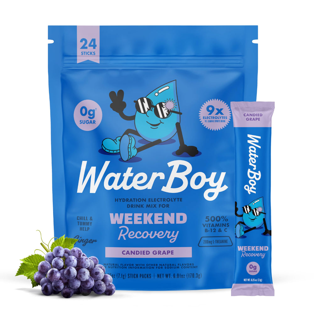 Waterboy paquete delantero uva mostrando diseño y cantidad de 24 sobres, conveniencia