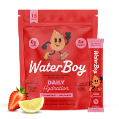 WaterBoy paquete frontal fresa limonada mostrando diseño y 15 sobres, hidratación rápida
