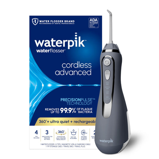 Waterpik vista frontal del irrigador portátil con beneficio de limpieza eficaz