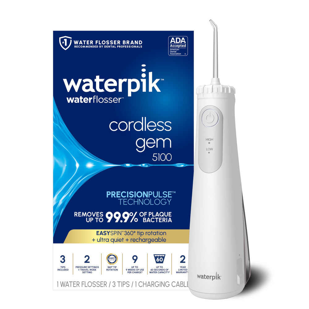 Waterpik Cordless Gem vista frontal mostrando diseño compacto y beneficio portátil
