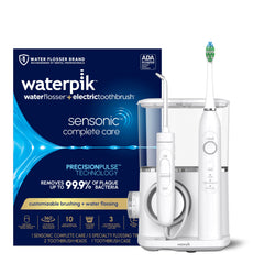 Waterpik paquete frontal mostrando el combo y beneficio de limpieza completa