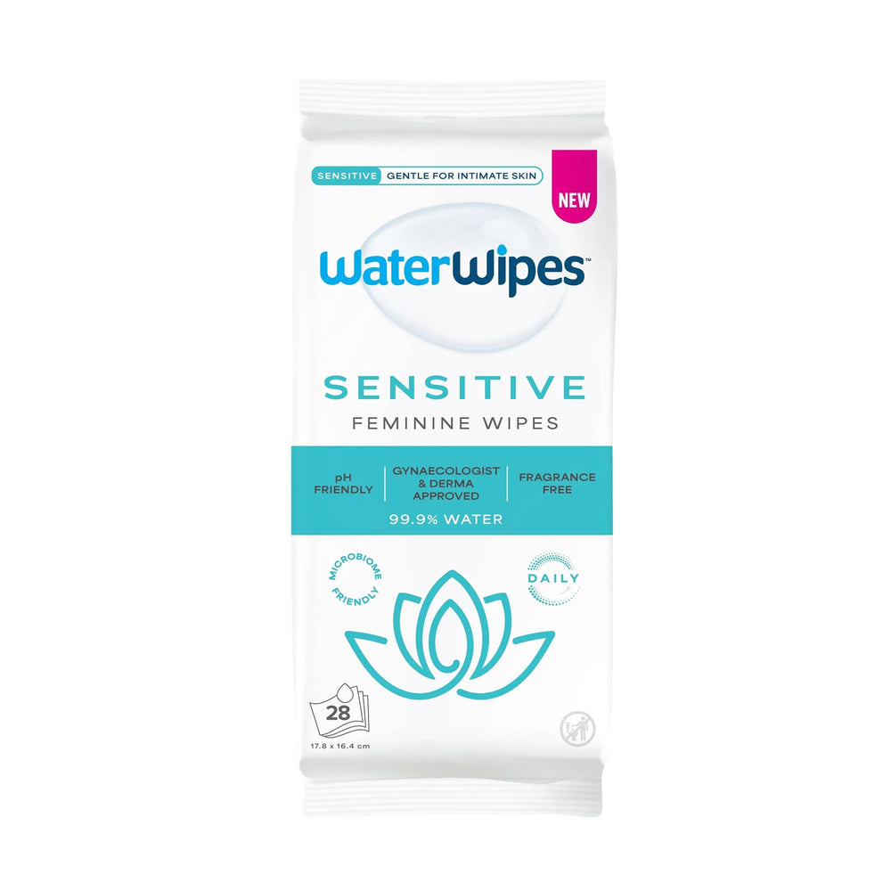 WaterWipes paquete frontal mostrando 28 toallitas y cierre resellable, limpieza práctica