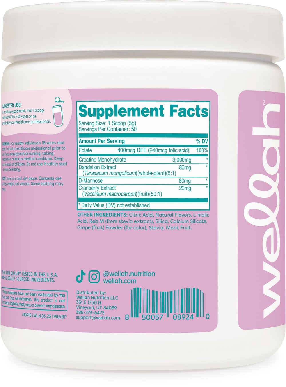 Wellah Creatine for Women Dandelion Cranberry label emphasizes natural extracts.
