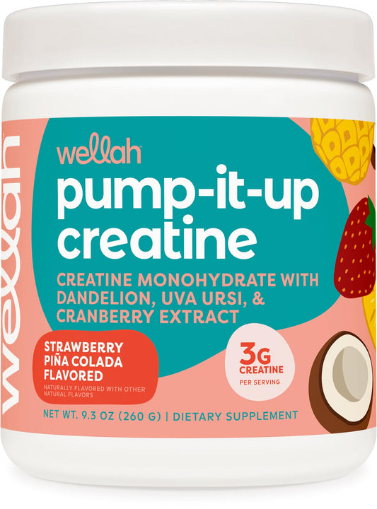 Wellah Creatine for Women bottle with Strawberry Pina Colada flavor, ideal for daily fitness routines.