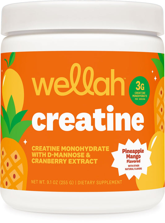 Wellah Creatine frontal del envase mostrando sabor piña mango y facilidad