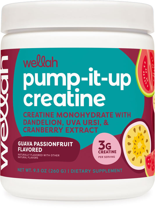 Wellah Creatine para mujeres, bote con sabor guayaba maracuyá para energía diaria.