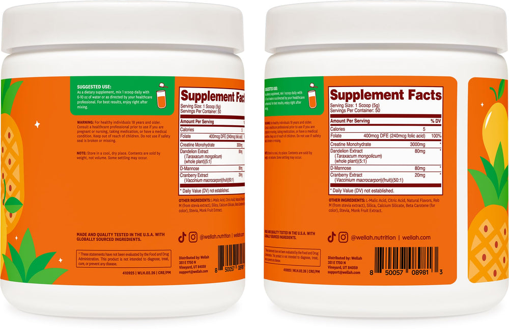 Cuchara de Wellah Creatine vertiendo polvo en vaso para consumo inmediato