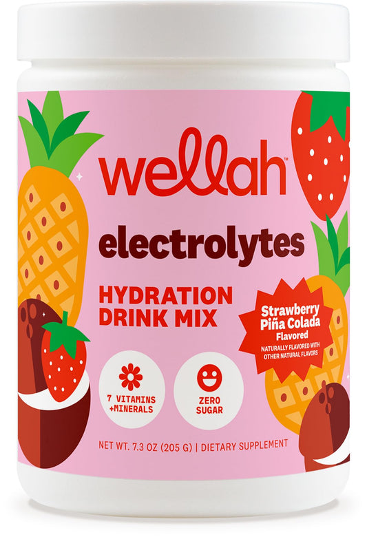 Wellah Electrolytes Polvo sabor fresa piña colada para hidratación diaria.