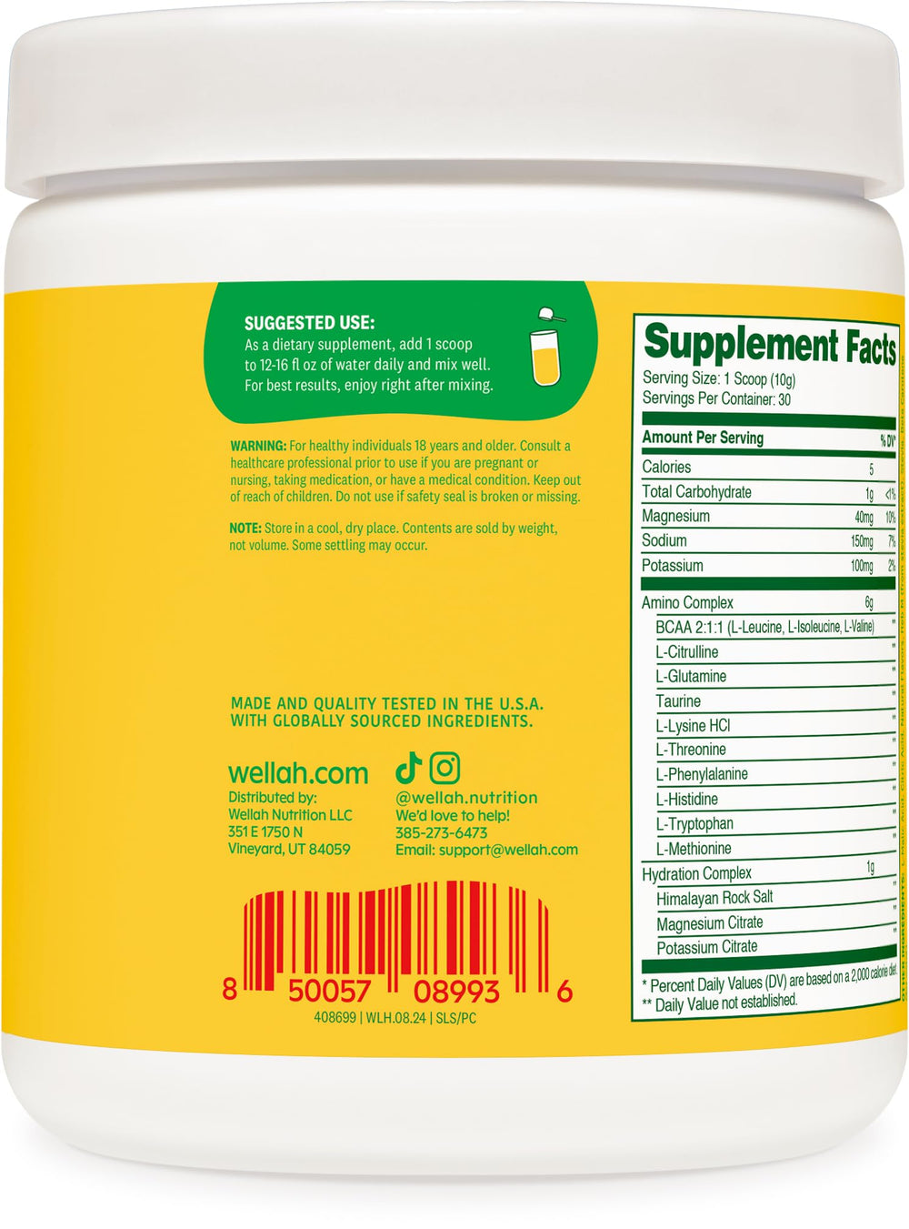 Etiqueta del producto Wellah So Long Soreness BCAA para fácil identificación.