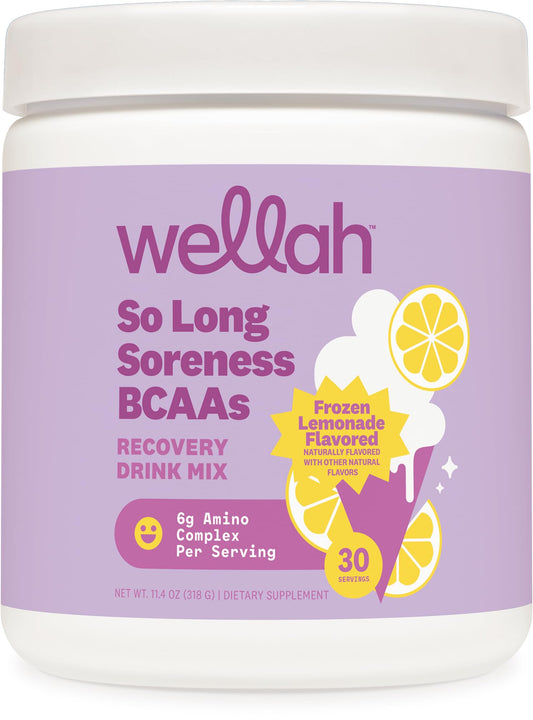 Wellah So Long Soreness BCAA, polvo en bote, sabor limón, ideal para uso diario.