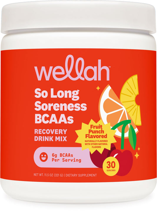 Wellah So Long Soreness BCAA Powder en empaque sabroso Fruta Punch para empezar tu día