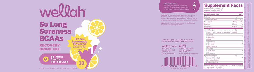 Wellah So Long Soreness BCAA, textura de polvo, disolución rápida en agua para hidratar.