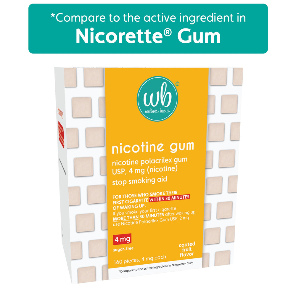Wellness Basics chicle junto a una regla para comparar tamaño y porción de nicotina 4 mg