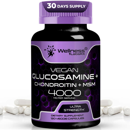 Botella de WELLNESS LABSRX glucosamina-condroitina-msm para movilidad diaria