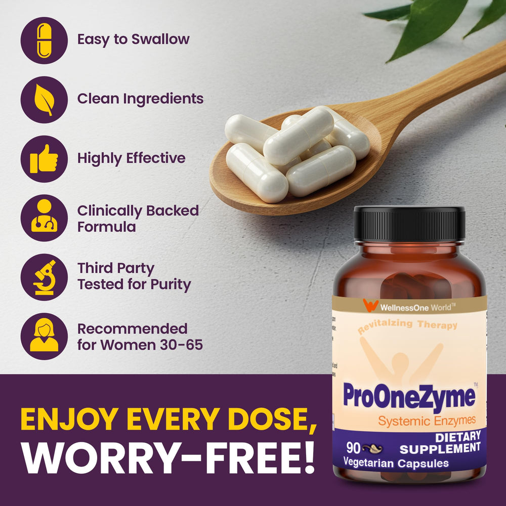 WellnessOne ProOneZyme packaging beside a glass of water for routine use.