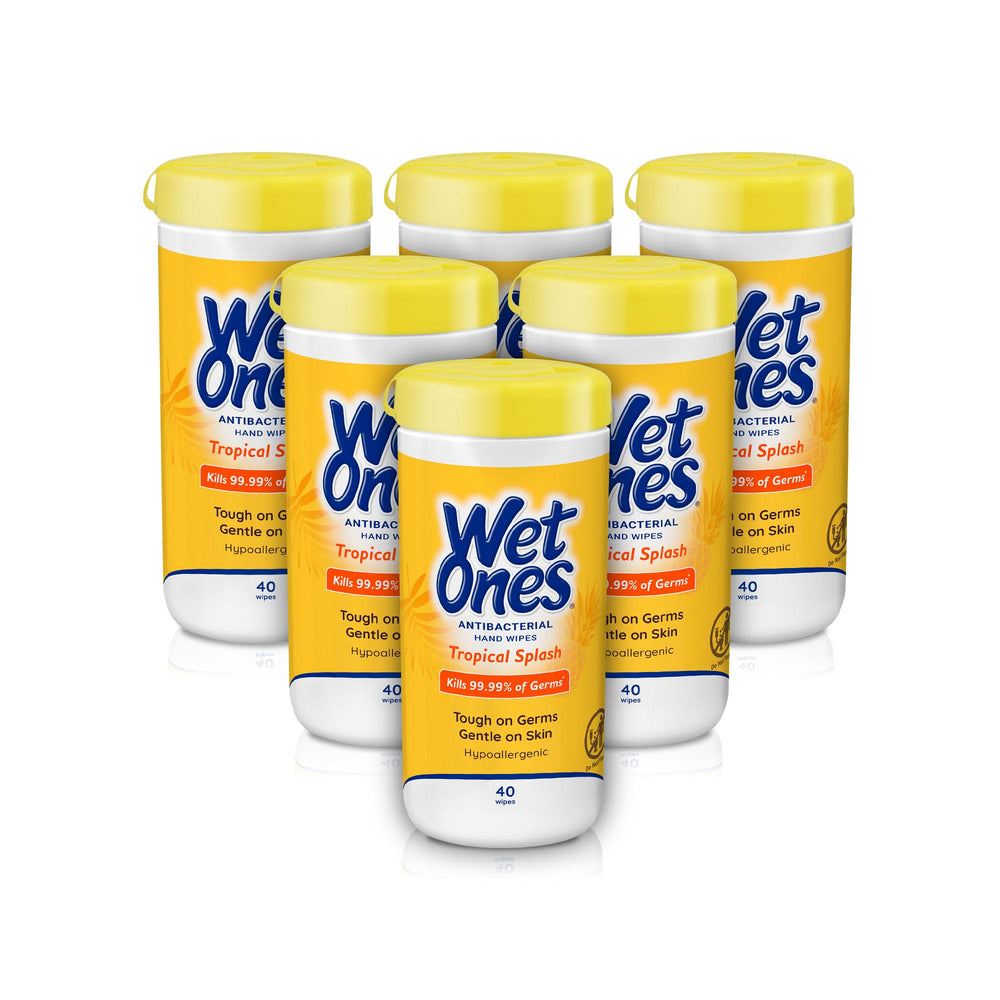 Wet Ones envase frontal Tropical Splash mostrando diseño y marca, limpieza rápida