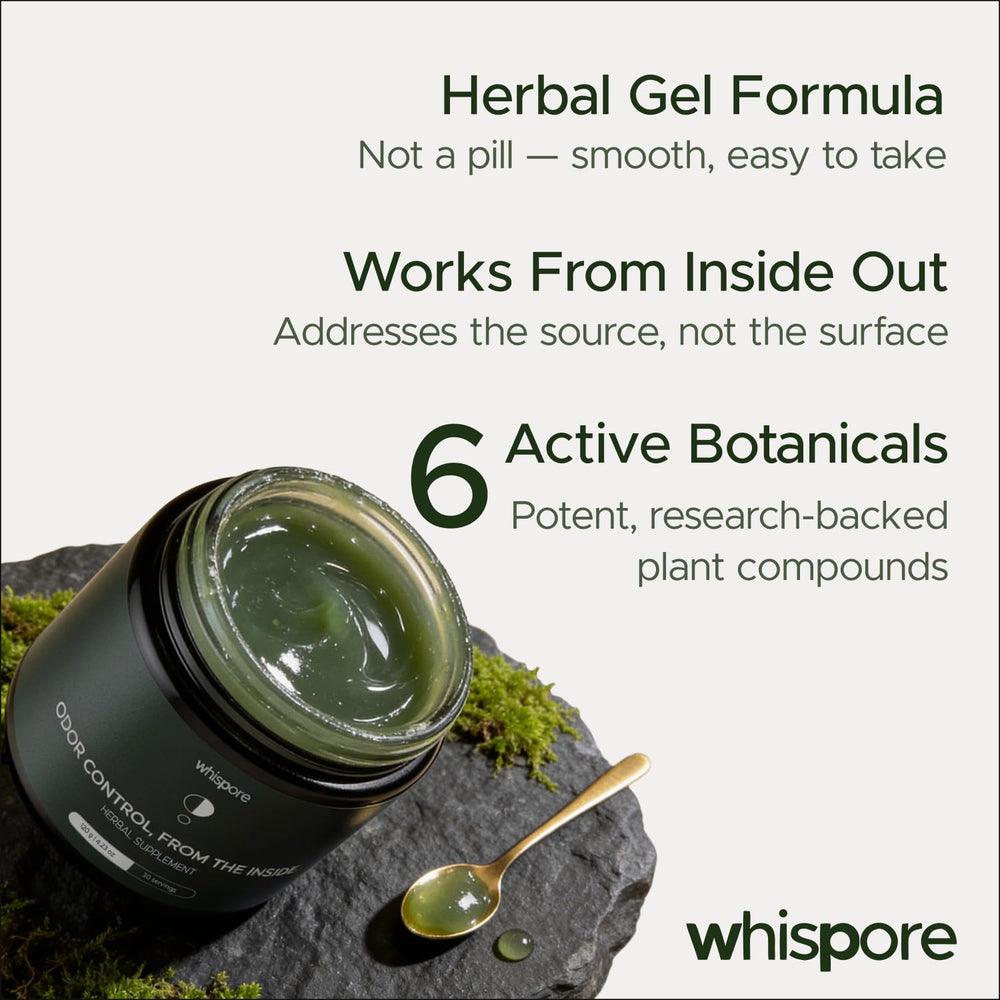 Ingredientes herbales de Whispore sobre mesa, naturalidad visible