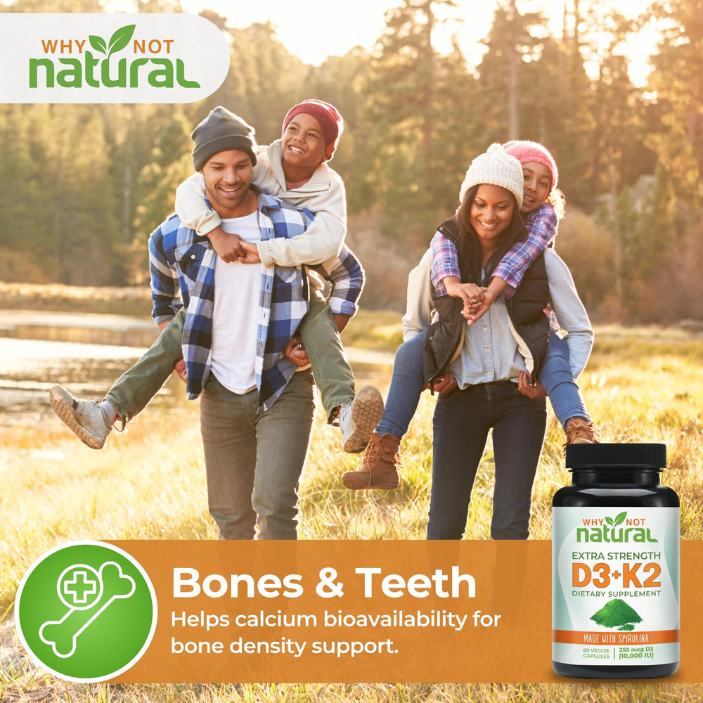 Etiqueta Why Not Natural destacando D3 10000 IU y K2 MK‑7 como ingredientes