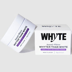 Envase frontal de WHYTE Purple Teeth Whitening Powder con apariencia profesional y efecto inmediato