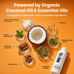 Whyte textura del aceite de coco prensado en frío para limpieza suave