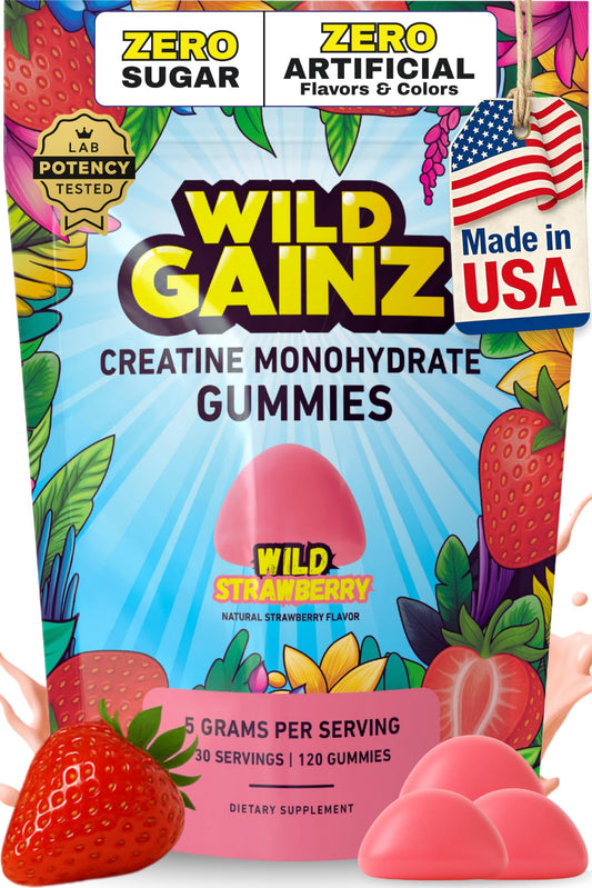 WILD GAINZ frente del empaque mostrando 120 gomitas y conveniencia