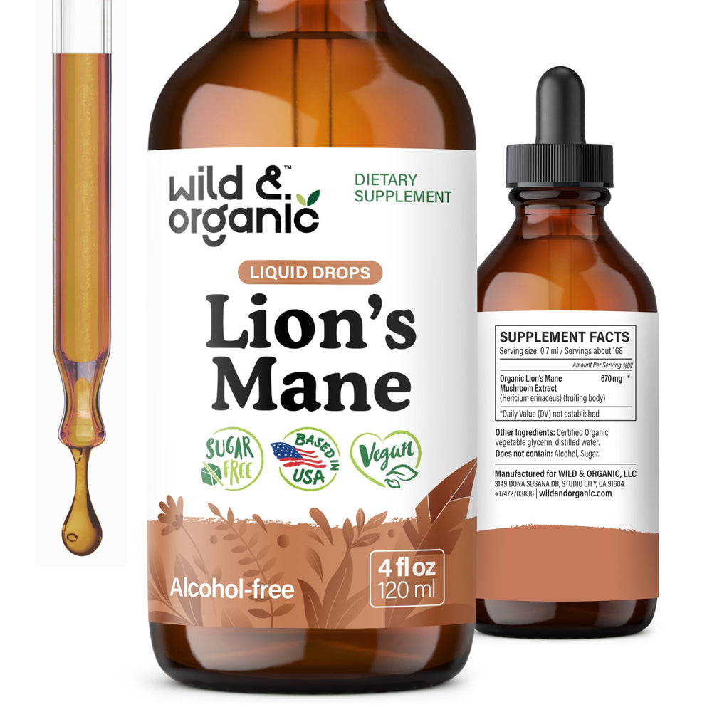 Wild & Organic frasco frontal de Lions Mane líquido mostrando etiqueta clara y tamaño
