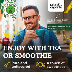 Wild & Organic gotas disueltas en un vaso de agua para consumo inmediato