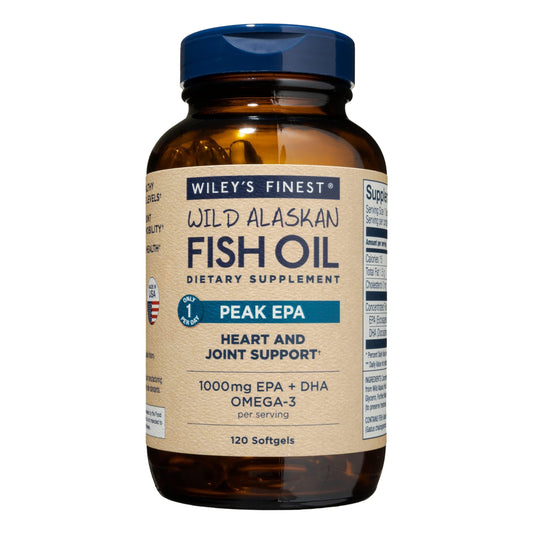 Wiley's Finest envase frontal mostrando omega‑3 y beneficios