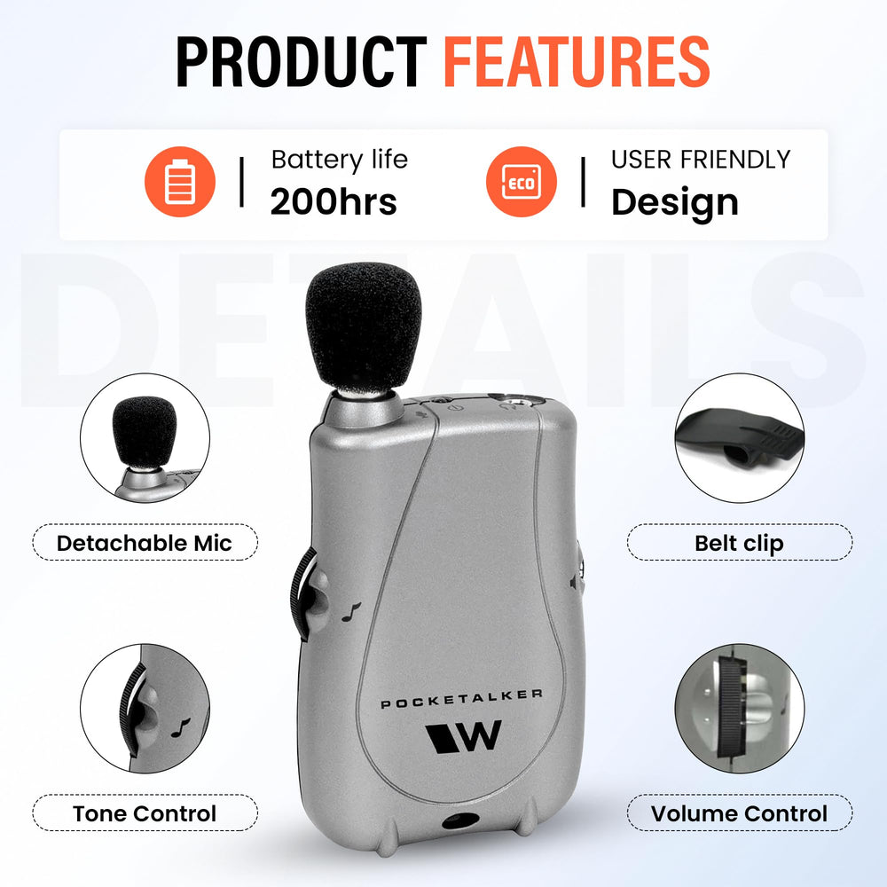 Williams Sound Pocketalker con auriculares HED021 para escucha estéreo más clara